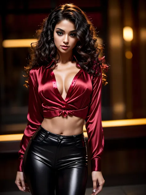 Maarya, long curly hair, gorgeous eyes, high arched eyebrows, seductive look, (crimson low-cut silk shirt:1.3), black leather pants, stilettos, midnight modern metropolis, spot lighting, backlight on hair, shallow depth of field, bokeh, sexy