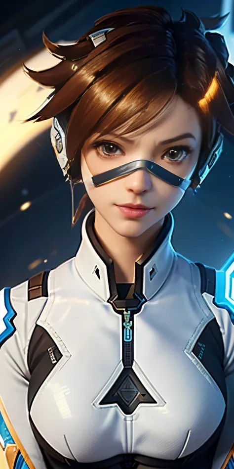 (Overhead view),dynamic angle,ultra-detailed, illustration, close-up, straight on, 1girl, 
 ((Tracer from Overwatch, interface headset, white bodysuit:1.4, brown hair)),Her eyes shone like dreamy stars,(glowing eyes:1.233),(beautiful and detailed eyes:1.1)...