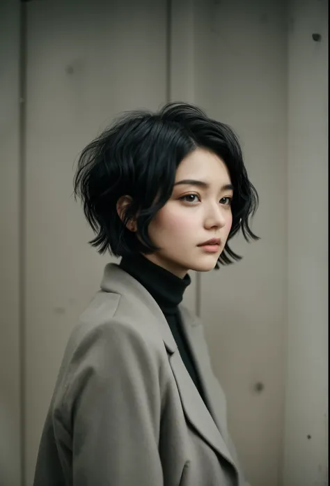 arafed woman with short hair and a gray coat looking at the camera, 深色short hair, Messy black Bob hair, 凌乱short hair, 黑色short hair, with short hair, black short hair, thick black hair, 深色short haircut, short hair至中长发, short hair, black messy hair, chin len...