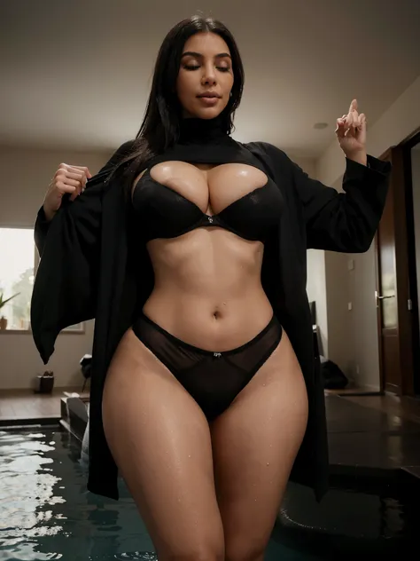 Kim Kardashian, hot fit figure, big breasts, big fit ass, hourglass figure, in black panties, in a black bra, Wet body, closed eyes, smile, in a winter modern house, With a belly piercing




