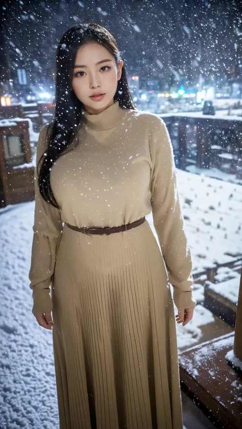 (masutepiece,High quality,16k:1.1),(depth of fields:1.3) ,((front body:1.35)),  Japanese ,young Girl,standard height,khaki Long Sleeve round neck T-shirt Maxi ((Tight)) Dress, huge breasts, thicc, curvy,(Looking at Viewer:1.3),(full body shot:1.2),(snowy l...