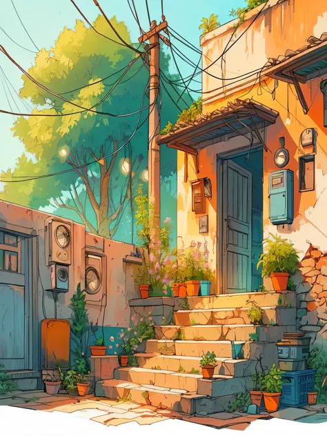 Draw an anime simple scene of an old broken indian home with trees outside, plants in pots, stone stairs, wires and poles, electricity meter, lofi vibe, beautiful color palette, vibrant color tones