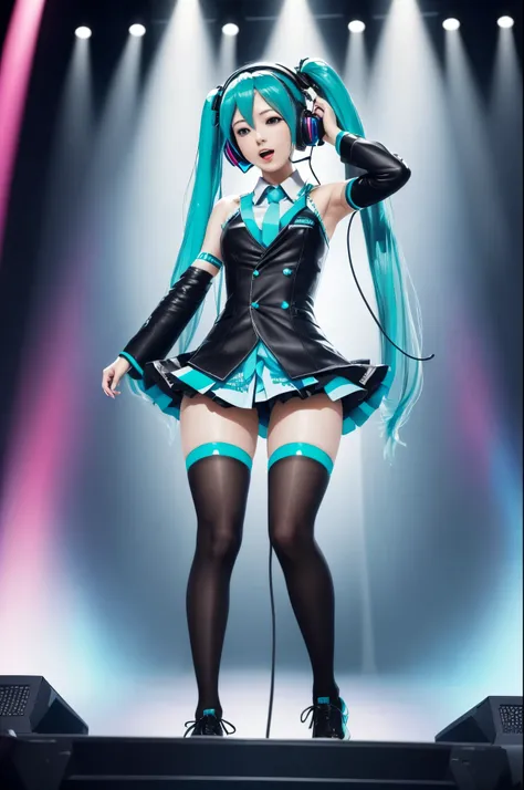 (One lady)、(masterpiece)、(best qualtiy)、(ultra - detailed)、(a high chroma), hatsune miku, (Black stockings), stage, headphones, singing, dancing