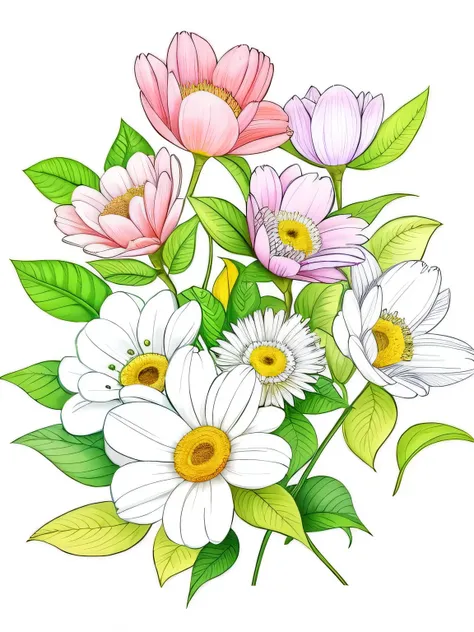 Drawing of a bouquet of flowers with leaves and flowers, Line - Art, Coloring book outline, clean coloring book page, with colored flowers, coloring page, line art colouring page, coloring book page, Line art, clean lineart, colouring - in sheet, flowers a...