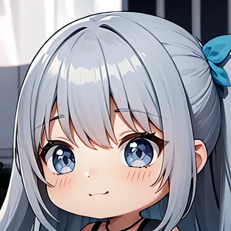 chibi upper body big head laugh, light blue/grey eyes and dark blonde long hair