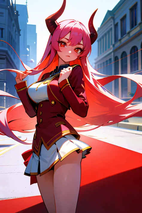 masterpiece、highest quality、4k、1 beautiful girl、demon high school girl、real、3D、whole body、((crimson skin、high school girl uniform))、Demon horn、long hair、pink hair、big breasts、micro mini skirt、golden eyes、Big eyes、cute eyes、building street、watercolor style、