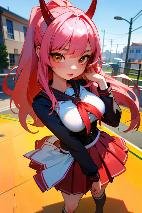 masterpiece、highest quality、4k、1 beautiful girl、demon high school girl、real、3D、whole body、((crimson skin、high school girl uniform))、Demon horn、long hair、pink hair、big breasts、micro mini skirt、golden eyes、Big eyes、cute eyes、building street、watercolor style、