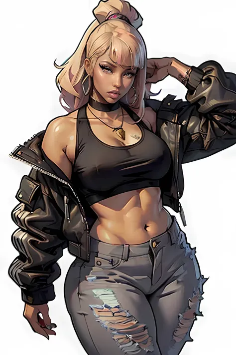 (masterpiece), (best quality), ((Nicki Minaj)), makeup, (brown skinned female), ((small breasts:1:1)), ((chubby)), hair with bangs, bomber jacket, t-shirt, ripped jeans, jewelry, necklace, ripped jeans, deep cleavage, fashion ((grey background)), contoured