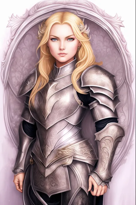 blond woman in armor posing for a picture in a white room, of a beautiful female knight, girl in knight armor, beautiful female knight, beautiful armor, in style of anne stokes, armor girl, female knight, dressed in light armor, fantasy paladin woman, gorg...