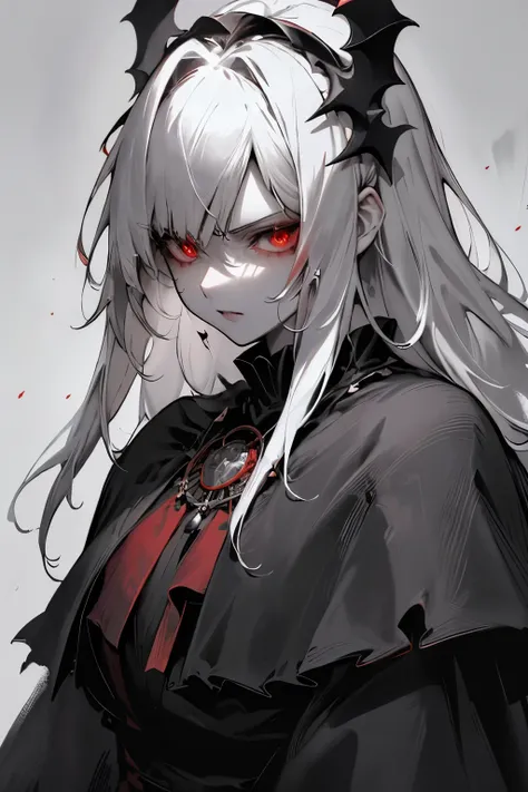 Red with sword,cloak,vampire,Full body close-up,Powerful aura,masterpiece, best quality, best quality,Astonishing,beautiful red eye,fine details,depth of field,Extremely detailed CG unified 8k wallpaper, masterpiece,(((dark white hair))),shrine maiden,(sha...