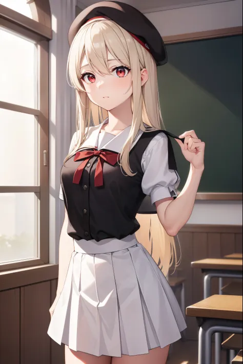 illyasvielvoneinzbern, illyasviel von einzbern, blonde hair, hair between eyes, long hair, (red eyes:1.5),
break beret, black sk...