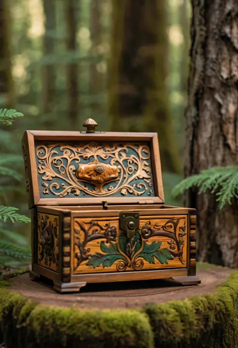 A music box decorated with old motifs, lost in the scenery&#39;a mysterious forest.