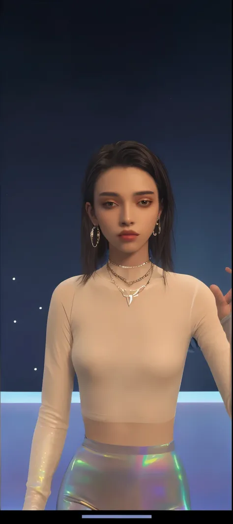 An attractive and androgynous woman with one dangling earring and multiple choker necklaces, raising one arm and hand, wearing a cream color long-sleeve top, and high-rise holographic leggings. background has a window that depicts a night sky.