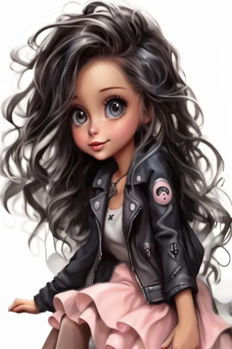 eine nahaufnahme einer cartoon-puppe mit langen haaren und einer lederjacke, cute detailed digital art, adorable digital paintin...