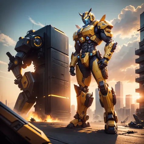 transformers war robots are in a battle with a city in the background, A man stands in front of the Bumblebee mech，based on bumblebee, yellow mech, Bumblebee, wojtek fus, akira and bumblebee, from transformers, trending on artstation 4k, yellow battlefield...