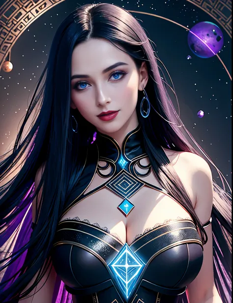 best quality, close-up, 8k, 30-year-old woman, long flowing black hair, mesmerizing blue eyes, luscious red lips, coy smile, wearing silky purple dress, alluring, sexy, hourglass figure, looking at viewer, wanting a kiss, cosmic background with bioluminesc...