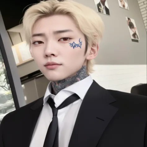 there is a man with a tattoo on his face wearing a suit, kim doyoung, cai xukun, male ulzzang, jung jaehyun, taejune kim, jinyoung shin, delicate androgynous prince, hyung tae, handsome japanese demon boy, beautiful androgynous prince, hong june hyung, ins...