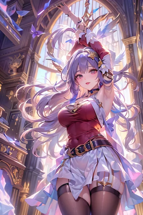 (top-quality,8K picture quality,​masterpiece:1.3,hight resolution,masutepiece:1.2), 1girl in,ice mage,Looking at the camera,(ssmile:1.4), ((crazy magic)), (Very beautiful fantasy background), (Red Santa Outfit,a miniskirt,stockings,a choker,boots:1.2), Bon...