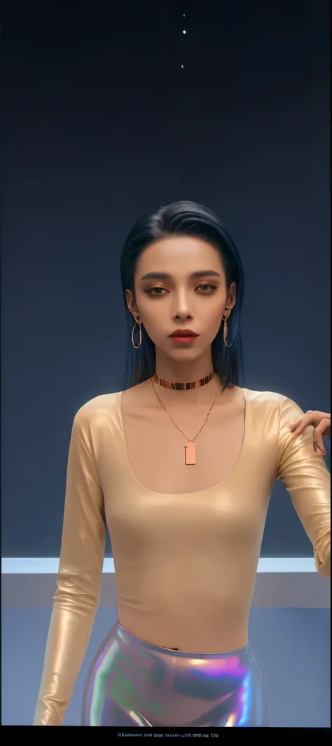 An attractive and androgynous woman with one dangling copper earring and multiple thin choker necklaces, darker hue lips, raising one arm and full hand,  wearing a cream color long-sleeve top, and high-rise holographic leggings. background has a window tha...