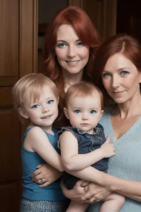 (portrait of a red-haired 40-year-old woman with two children in the image), (one red-haired child, 10 months, Blue eyes), (second child brunette, 10 years), masterpiece