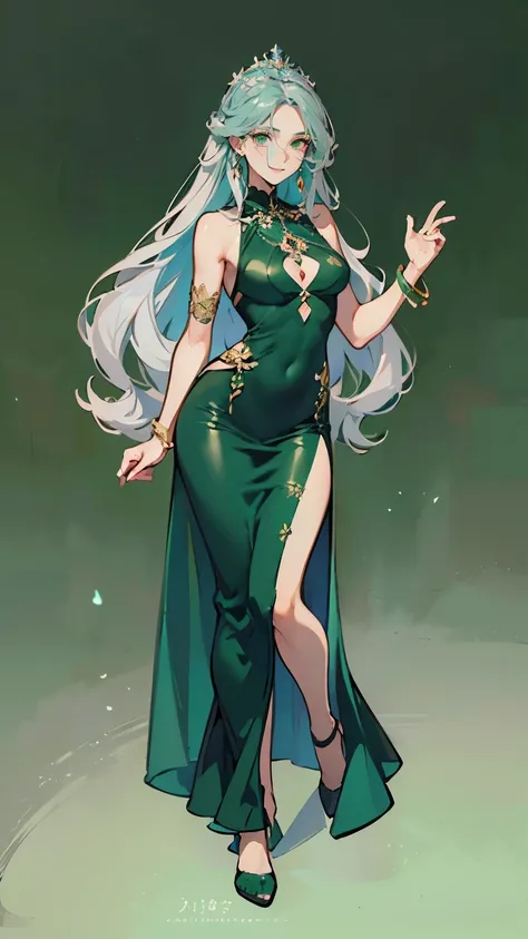 ((masterpiece,best quality,8k,highres)),((character concept art)), 1 female, young adult female, flower queen, 170 cm height, long curly hair, (grey hair colour), ultra finely detailed eyes (green eyes colour), extraordinary gorgeous, charming, smirk smile...