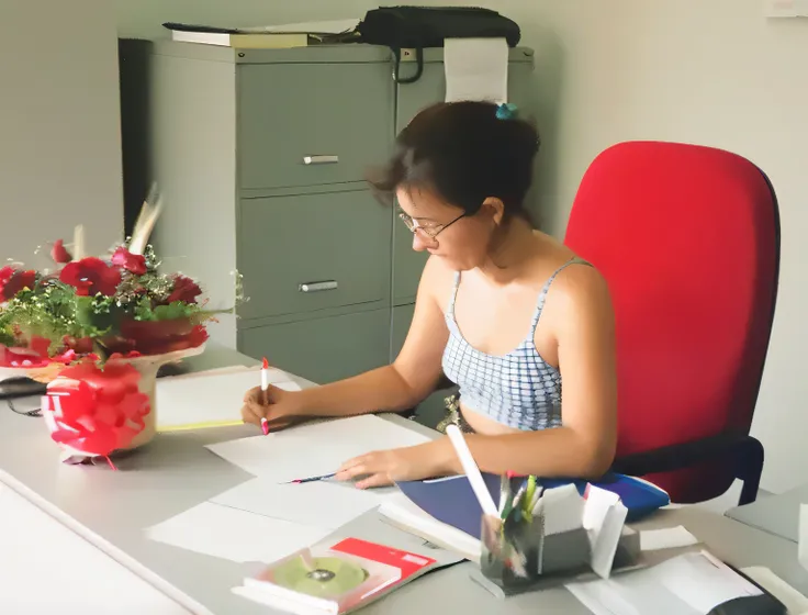 there is a woman sentado em uma mesa writing on a piece of paper, in the office,Working in an office, sentada em sua mesa, escrevendo uma carta, sentado em uma mesa, arte profissional, sitting in the office, retrato, spontaneous photography, trabalhando du...