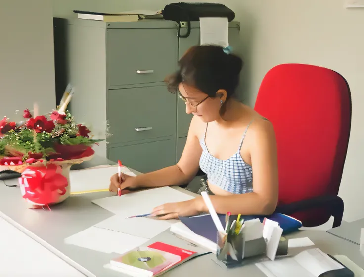 there is a woman sentado em uma mesa writing on a piece of paper, in the office,Working in an office, sentada em sua mesa, escrevendo uma carta, sentado em uma mesa, arte profissional, sitting in the office, retrato, spontaneous photography, trabalhando du...