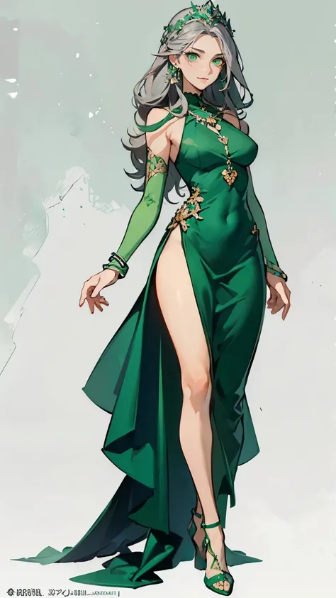 ((masterpiece,best quality,8k,highres)),((character concept art)), 1 female, young adult female, flower queen, 170 cm height, long curly hair, (grey hair colour), ultra finely detailed eyes (green eyes colour), extraordinary gorgeous, charming, smirk smile...