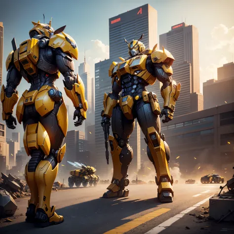 transformers war robots are in a battle with a city in the background, A man stands in front of the Bumblebee mech，based on bumblebee, yellow mech, Bumblebee, wojtek fus, akira and bumblebee, from transformers, trending on artstation 4k, yellow battlefield...