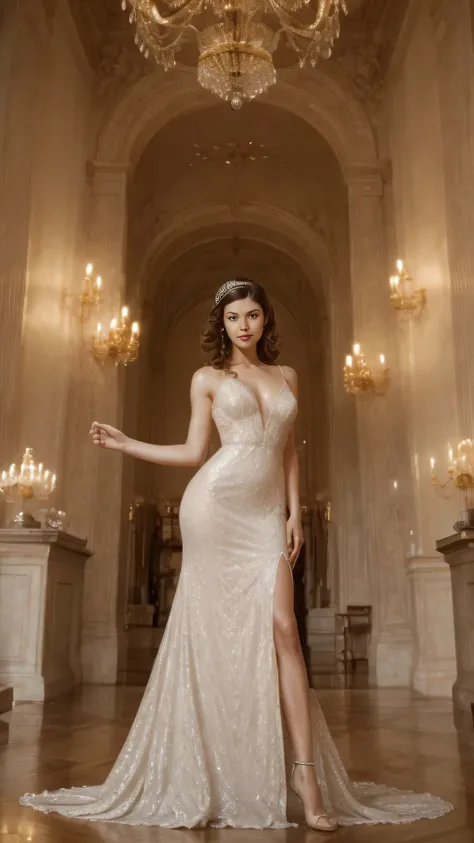 A woman in a dazzling silver gown adorned with geometric patterns glides down a grand staircase, bathed in the warm glow of Art Deco chandeliers. Her every movement is a study in elegance and sophistication.
Camera angle: Dramatic high-angle shot, emphasiz...