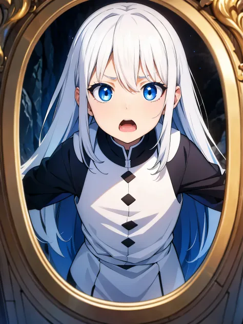 a little boy on a mirrow , white hair, really surprised face , blue eyes , 8k , ultrasharp , masterpiece , 2/3 body , long hair covering his ears , background cave , open mouth.