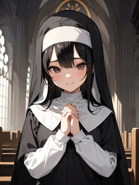 high resolution、super detailed、cute illustration、(１black haired woman、long straight hair、slender body shape、small breasts、nun)、s...