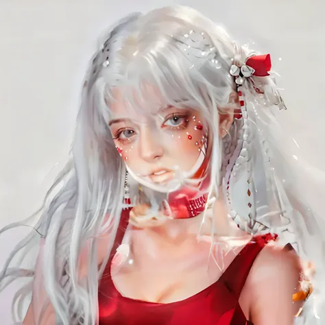 cute girl with long white hair and red dress holding a cigarette,realistic