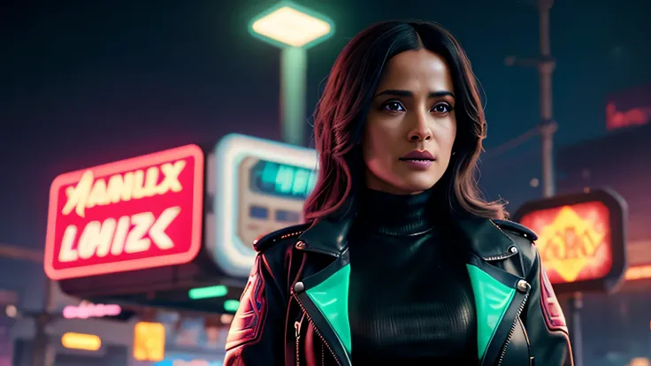 retrato em close de Salma Hayek, arte conceitual detalhada do personagem, inspirado em Magali Villeneuve, realista, retrato de personagem de fantasia, Ciberpunk, motor irreal 5, estilo RPG, trends on artstation, Qualidade da CGSociedade, Fundo Bokeh, foco ...