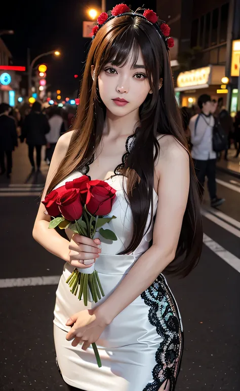 1 woman, tokyo streets,night, cityscape,city lights, upper body,enlargement, 8 thousand, RAW photos, best quality, masterpiece,realistic, photo-realistic,red rose headdress, Split bangs, long hair,