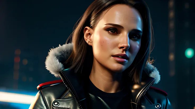 close-up portrait of Natalie Portman lookalike, arte conceitual detalhada do personagem, Inspirado por, realista, retrato de personagem de fantasia, Ciberpunk, motor irreal 5, estilo RPG, trends on artstation, Qualidade da CGSociedade, Fundo Bokeh, foco su...