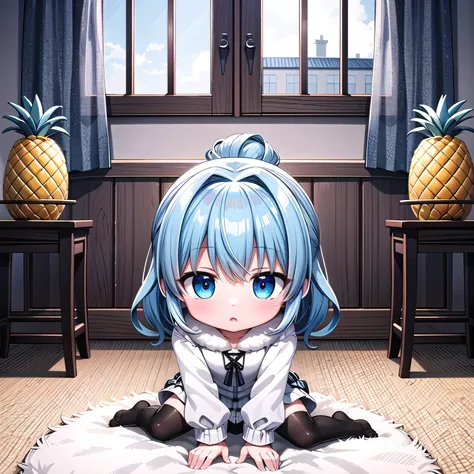 (((Chibi, Pineapple, Petite, Cute))), ((3DCG,Nendoroid, 1 girl, masterpiece, almond-shaped eyes, beautiful skin, red cheeks, glossy white-blue hair, short chignon hair)), Indifferent, expressionless,Top quality , delicate fingers, curly hair, warm clothes,...