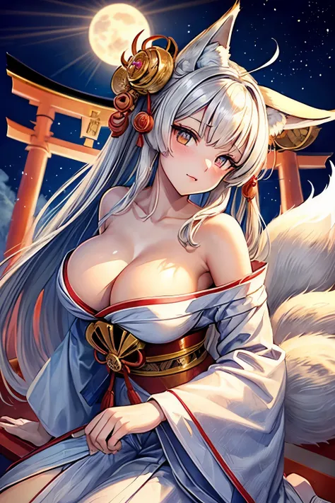 ((worst quality, low-quality)), ((Rabbit eared girl)), Solo, ((Big breasts)), ((half updo, silver hair)), ahoge, plump shiny lips, ((Beautiful clear eyes, gold eyes):1.2), Spoken Heart, ((fox tails,nine-tails:1.3)), (traditional Japanese attire:1.2), (intr...