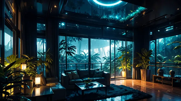 alien planet futuristic apartment interior with windows, looking out,  jungle setting, jungle setting, dusk ambience, magical ambience, jungle background, pleasant environment, greenery, Inside an alien jungle, nebula visible in low light sky, dark sky