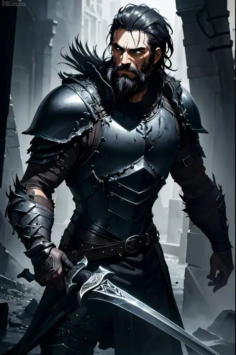 (a man,warrior,dirty black hair and beard,dark fantasy),(detailed black armor),(large sword),(best quality),(ultra-detailed),(re...