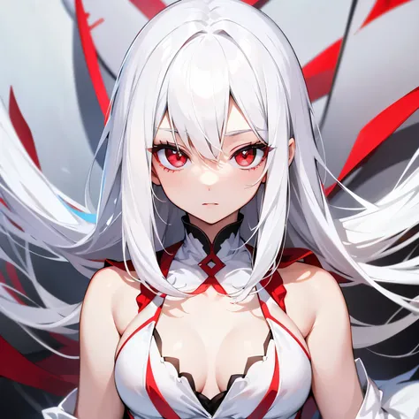 white hair, high quality, red eyes, flat chest, white dress, rare skin color