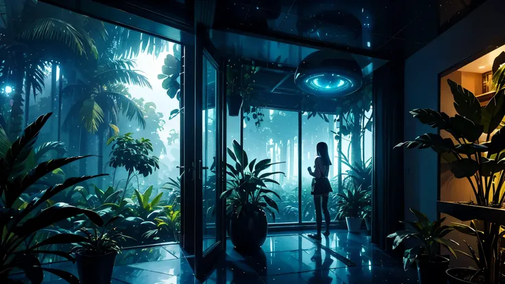 futuristic apartment looking out windows from inside, jungle planet, night sky, alien planet, girl laying looking out window, jungle scenery, dark ambience, alien plants, nebula visible in nights sky, masterpiece, high res, 4k