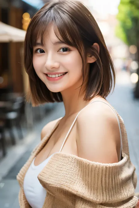 top-quality、ultra-detailliert、​masterpiece、realisitic、Photo Real、one girls、(Cute 17 year old girl、small head)、(kawaii:1.2)、huge smile、(Brown hair、Short bob hair)、eyes are brown、perfect glossy skin、((A slender))、((Perfect body))、model poses、accurate depicti...