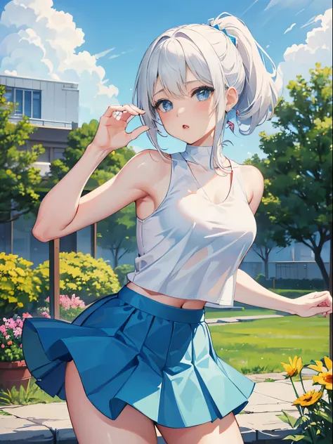 ((4K, master piece, highest quality)), 1 girl, Medium White Hair, Beautiful sky blue eyes, ponytail, Tank top, mini skirt, after that, garden, cute, blush, medium breasts