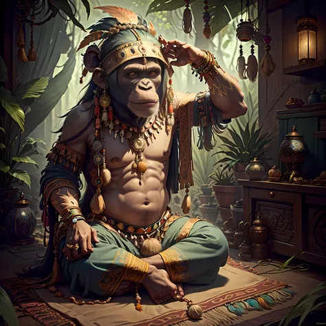 chimpanzee ((indian shaman)),,((meditative state),,shaman, elegant chimpanzee, hair with details, with indian headdress on head,...