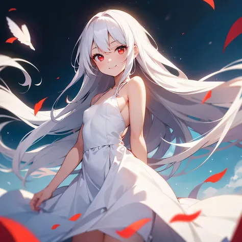 small breasts, white hair, red eyes, no background, white dress, long hair, smile, portrait, Hands down, looking at the viewer, hair does not flutter in the wind