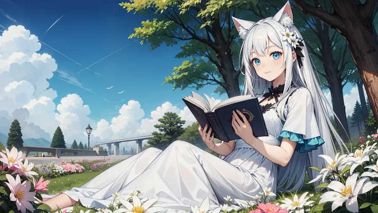 a woman wears a white long dress with cat ear under the star sky, reading a book, blue eyes, high quality, 4K, Beautiful, White Hair, sitting next to tree on the ground surrounded by flowers, pop style