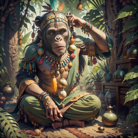 chimpanzee ((indian shaman)),,((meditative state),,shaman, elegant chimpanzee, hair with details, with indian headdress on head,...