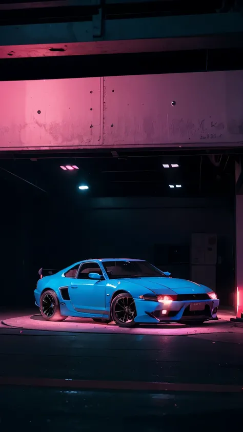 Create a detailed realistic skyline car in a blue and pink lighting environment