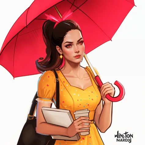 there is a woman holding a red umbrella and a book, Admirador de arte, official Admirador de arte, segurando um guarda-chuva, Fan art &quot;, vibrant de arte, segurando um guarda-chuva, por Eddie Mendoza, segurando guarda-chuva, de arte, procreate illustra...